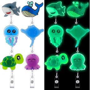 6 Pcs Animals Retractable Badge Reel Luminous Nurse ID Badge Holder Retractable Clip Glow in The Dark Cute Decorative Reel ID Clip for Teacher Nurse Office(Ocean Animal)