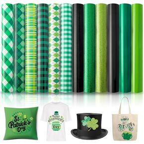 Whaline 12 Sheet St Patrick's Day Heat Transfer Vinyl Green Black Stripe Plaid Diamond Pattern HTV Iron on Vinyl Sheet Glittery Adhesive Craft Vinyl for DIY T-Shirt Circut Silhouette Cameo, 10 x 12 In
