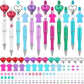 Colarr 24 Pcs Nurse's Day Beadable Pen Plastic Ballpoint Pens with 130 Pcs Multicolor Beads Assorted Spacer Beads Nurse Gown Stethoscope DIY Craft Kits Gel Ink Bead Pen for Women Office