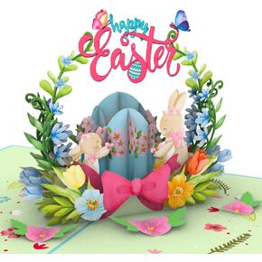Heartags- Happy Easter Pop up up ، 6 × 8 في بطاقة عيد الفصح منبثقة للأطفال ، والبالغين ، والعائلة مع مظروف ، وأرانب مضحكة.