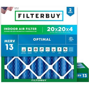 Filterbuy 20x20x4 Air Filter MERV 13 Optimal Defense (2-Pack), Pleated HVAC AC Furnace Air Filters Replacement (Actual Size: 19.38 x 19.38 x 3.63 Inches)