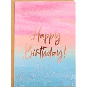 Birthday Card - Single Happy Birthday Greeting Card with Rose Gold Foil Sprinkles and Lettering on Ombre Blue Yellow Pink Textured Paper with Kraft Envelope - 5" x 7" - Blank Inside