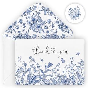 Artoid Mode 24 Pack Blue Porcelain Flowers Spring Thank You Cards Butterfly Bird Greeting Cards Gift With Envelope Sticker Blank Note Cards for Birthday Wedding Baby Shower Bridal Shower, 4 x 6 Inch