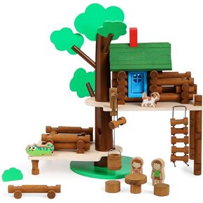 SainSmart Jr. 2-Tier Wooden Tree House Building Set – Educational Gift for Kids, Creative STEM Toy with Cabins and Interchangeable Leaves, STEM Retro Classic Toy Compatible with Lincoln Logs