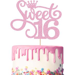 Sweet 16 Cake Toppers - Pink Glitter, 16th Birthday Cake Topper, Hello 16 Cheers to 16 Years Birthday Party Decoration Supplies