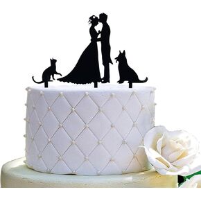 Mr and Mrs Cake Topper,Kissing Bride and Groom with Cat and Dog Silhouette Wedding Cake Topper