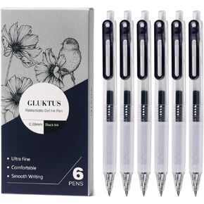 Black Gel Pens 6 Pack, Ultra Fine Point 0.38mm, No Bleed Pens for Journaling Note Taking
