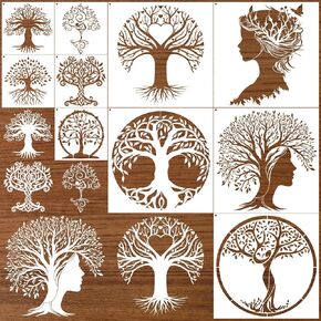 Afrtiee Tree of Life stencil Painting - 10 قطع من الطبيعية الكبيرة للطبيعة للحرف اليدوية القابلة لإعادة الاستخدام الخشبية المحترقة ، قالب اللوحة البلاستيكية الفراشة لورقة للديكورات المدفأة في المنزل DIY