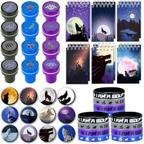48 PCS Wolf Party Favors, Wolf Birthday Party Favors with 12 Wolf Button Pins, 12 Mini Notebooks, 12 Stampers and 12 Rubber Bracelets for Birthday Party Baby Shower Holiday