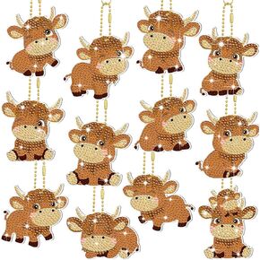 Thinkday 12 Pcs 5d DIY Highland Cow Diamond Painting Keychain Kit Cute Cow Diamond Pendant Hanging Animal Diamond Art Ornaments for Adult Beginners Christmas Bag Birthday Home Party Decor