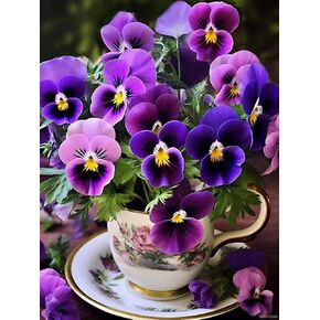Slwyoun 5d Spring Pansy Plansy Plate Diamond Paints ، Pansies in White Cup Art للبالغين ، حفر كامل جولة جدار ديكور هدايا 12x16 بوصة