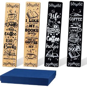 4 Pcs Book Coffee Lover Gifts Bamboo Bookmarks for Reading Lovers Drink Coffee Read Book Marks Mother's Day Father's Day Graduation Birthday Gifts for Bookworms Reading Accessories