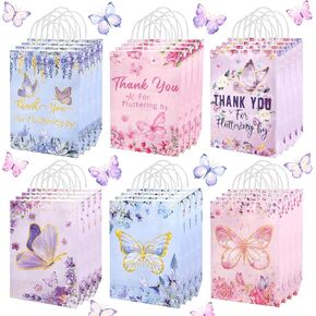 ROLYTA 24 Pcs Butterfly Party Favors Goodie Bags, Butterfly Flowers Thank You Gift Bags Pink Blue Purple Birthday Candy Treat Bags with Handles for Girl Butterfly Birthday Party, Glitter Style