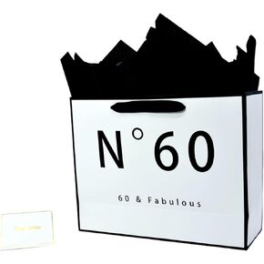 60th Birthday Gift Bag for Men Women, White and Black Gift Bag with Black Tissue Paper, Novelty 60 Year Old Party Favors Bag Shopping Tote Idea Sixty