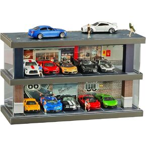 1/64 Hot Die Cast Wheel &Matchbox Cars Display Case，Parking Garage Diorama，Dustproof Storage Box，Freestanding Storage Cabinet，10 Parking Spaces on 2 Levels