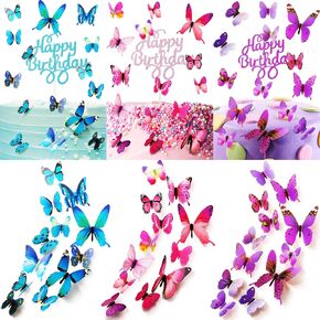 75 Pcs Glitter Butterfly Decorations 3D Butterfly Birthday Cake Toppers Include Happy Birthday Cake Toppers Butterfly Cupcake Topper Colored Dessert Butterfly for Birthday Wedding Party Anniversary