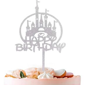 Castle Happy Birthday Cake Topper - Silver Glitter Castle Happy Birthday Cake Bunting Decor - Birthday Party Cake Decoration Supplies, for Magical Photo Booth Props