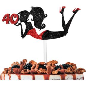 Red Silhouette Glitter Beautiful 40 Girl Cake Topper Picks for Makeup Spa Theme Party Decoration Supplies Women Girls Happy 40th Birthday Party Decor Supplies