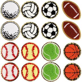 16Pcs Sports Themed Patch Iron on Ball Chenille Iron on Gold Edges Patches Football Baseball Basketball Soccer Repair Kit Series Ball DIY Sew Decoration Stickers for Bags Pants Jeans Hat Clothing