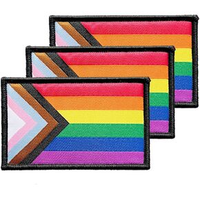 3Pcs Progress Rainbow Pride Flag Patch 2x3 Inch, Hook Loop Tactical Embroidered Armband Rainbow Flag Patches for Backpack Hat Vest Jacket.