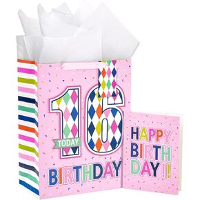 Loveinside Birthday Pink Gift Bag with Tissue Paper, Gift Tag and Greeting Card for Girls, Party and More, 10" x 5" x 13", 1 Pcs, 13 Years Old