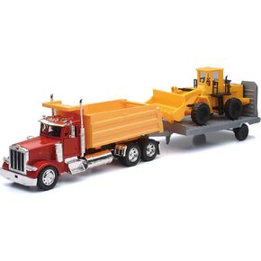 New Ray Peterbilt 379 Dump Truck Red and Wheel Loader Yellow with Flatbed Trailer Long Haul Truckers Series 1/32 Diecast Model