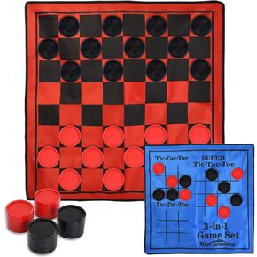 3 in 1 Giant Checkers Game Set,Super Tic Tac Toe,Including Reversible Rug with 24 Checkers,Indoor and Outdoor Activity for Kids or Adults,Board Game,Yard Game