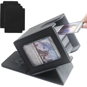 MTG Deck Box for Commander Display,Card Deck Box Holds 100 Double Sleeved Cards, PU Leather Trading Card Storage Box for TCG with 2 Dividers (Black&Gray)