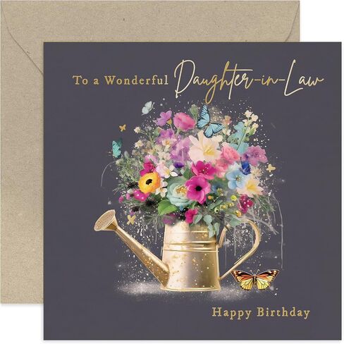 Old English Co. Female Happy Birthday Card for Daughter-in-Law - Special Watering Can Birthday Card - Gold Foil Butterflies and Colourful Flowers - Birthday Gift for Her - Women Cards, (GC3688) in Kuwait