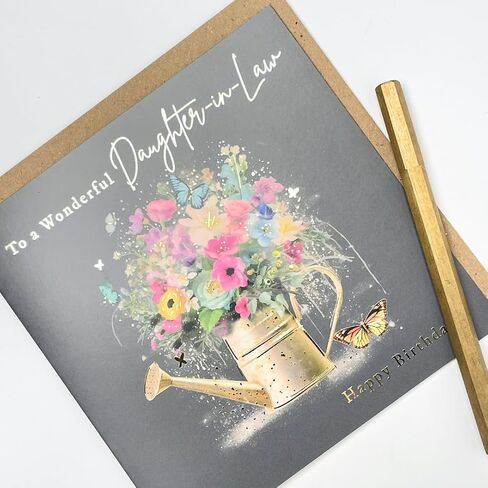 Old English Co. Female Happy Birthday Card for Daughter-in-Law - Special Watering Can Birthday Card - Gold Foil Butterflies and Colourful Flowers - Birthday Gift for Her - Women Cards, (GC3688) in Kuwait