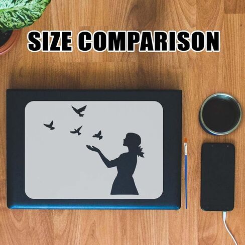 FINGERINSPIRE Woman Releasing Birds Stencil for Painting 8.3x11.7inch with Paint Brush Hollowed Woman Silhouette Template Flying Birds Painting Stencil Character Theme Template for Home Decoration in Saudi Arabia