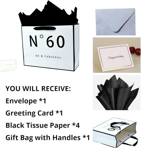 60th Birthday Gift Bag for Men Women, White and Black Gift Bag with Black Tissue Paper, Novelty 60 Year Old Party Favors Bag Shopping Tote Idea Sixty in Saudi Arabia