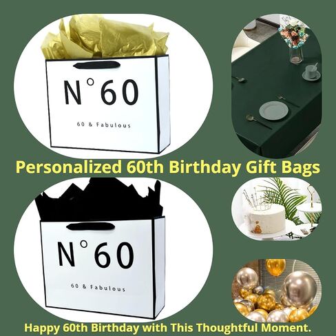 60th Birthday Gift Bag for Men Women, White and Black Gift Bag with Black Tissue Paper, Novelty 60 Year Old Party Favors Bag Shopping Tote Idea Sixty in Saudi Arabia