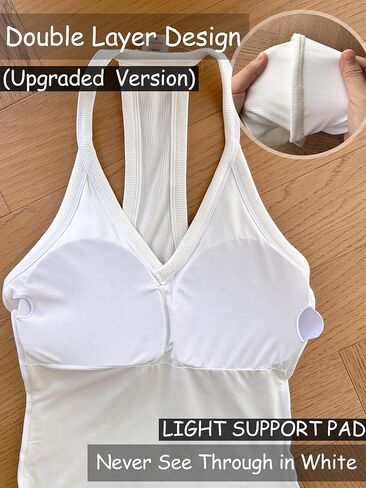 قميص Danysu برقبة على شكل حرف V Racer Back للنساء، قمصان كامي أساسية مبطنة ومضلعة طويلة in Kuwait