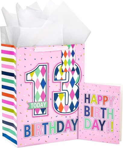 Loveinside Birthday Pink Gift Bag with Tissue Paper, Gift Tag and Greeting Card for Girls, Party and More, 10" x 5" x 13", 1 Pcs, 13 Years Old in Kuwait