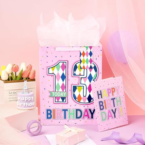 Loveinside Birthday Pink Gift Bag with Tissue Paper, Gift Tag and Greeting Card for Girls, Party and More, 10" x 5" x 13", 1 Pcs, 13 Years Old in Kuwait