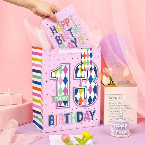 Loveinside Birthday Pink Gift Bag with Tissue Paper, Gift Tag and Greeting Card for Girls, Party and More, 10" x 5" x 13", 1 Pcs, 13 Years Old in Kuwait
