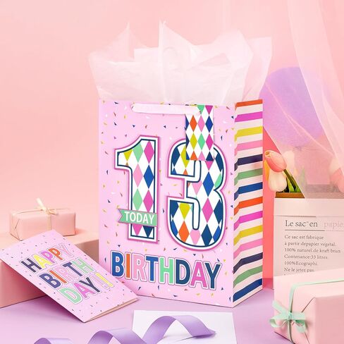 Loveinside Birthday Pink Gift Bag with Tissue Paper, Gift Tag and Greeting Card for Girls, Party and More, 10" x 5" x 13", 1 Pcs, 13 Years Old in Kuwait