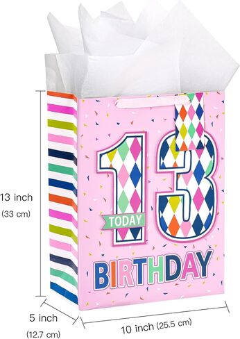 Loveinside Birthday Pink Gift Bag with Tissue Paper, Gift Tag and Greeting Card for Girls, Party and More, 10" x 5" x 13", 1 Pcs, 13 Years Old in Kuwait
