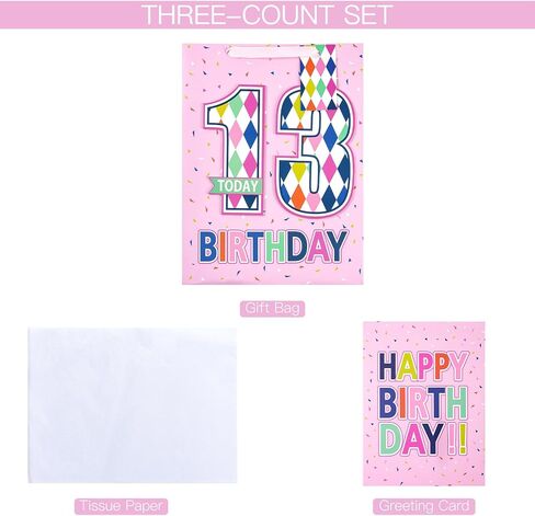 Loveinside Birthday Pink Gift Bag with Tissue Paper, Gift Tag and Greeting Card for Girls, Party and More, 10" x 5" x 13", 1 Pcs, 13 Years Old in Kuwait