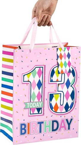 Loveinside Birthday Pink Gift Bag with Tissue Paper, Gift Tag and Greeting Card for Girls, Party and More, 10" x 5" x 13", 1 Pcs, 13 Years Old in Kuwait