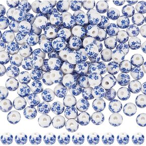 SUNNYCLUE 1 Box 210Pcs 8MM Ceramic Blue Flower Beads Porcelain Beads Bulk White Printed Flowers Small Smooth Spacer Beads for Jewelry Making Bracelets Necklace DIY Crafting Beginners