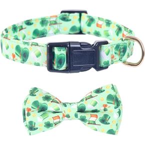 St.Patrick's Day Dog Collar with Removable Cute Bow Tie Lucky Clover Shamrock Adjustable Pet Collars Small