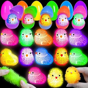 12 Pack Easter Eggs Fillers LED Chick Puffer Balls, Easter Basket Stuffers Light Up Stress Relief Fidget Toys Squeeze Ball Easter Egg Hunt for Kids Boys Girls Toddler Teens Easter Party Favor