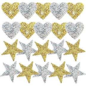 16pcs Silver Star Heart Rhinestone Patches ، الحديد على بقع القلب للملابس ، بقع النجوم النجمة التزيين بقع القلب اللامع للإصلاح للملابس ، وصنع الحرف DIY (4Sizes)