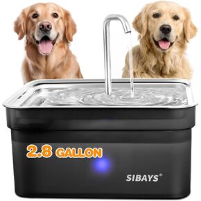 SIBAYS 2.8Gal Dog Water Fountain, Auto Pet Water Fountain with Stainless Steel Bowl, BPA-Free Dog Water Dispenser with Ultra Quiet Pump & LED Shortage Reminder & Visible Water Level, Easy to Clean