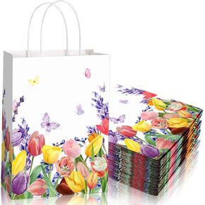 24 Spring Tulips Lavender Floral Print Paper Gift Bags with Handle Floral Gift Bags for Candy Goodie Treat Wedding Birthday Baby Bridal Shower Party Supplies