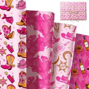 12 Sheets Western Cowgirl Gift Wrapping Paper 20" x 27" Pink Wild West Cowgirl Gift Wrap Paper Folded Flat Art Paper for Holiday Girls Birthday Party DIY Crafts Present Packing