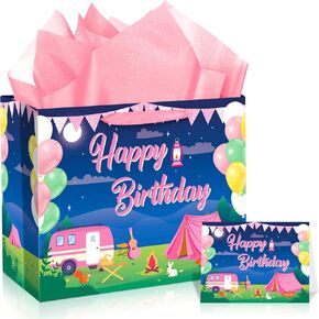 Camping Party Decorations for Girls Pink Camping Gift Bag Happy Birthday Gift Wrapping Paper Bag with Tissue Paper and Card for Christmas Pink Camping Themed Birthday Baby Shower Party Supplies