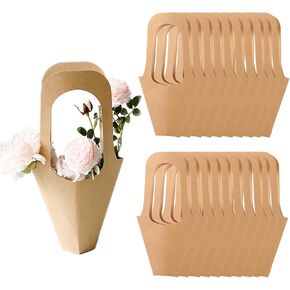 MYGOGOART 20pcs Kraft Paper Flowers Bouquet Wrapping Gift Bags with Handle Paper Flower Holders Brown Paper Cone Shape (Medium)